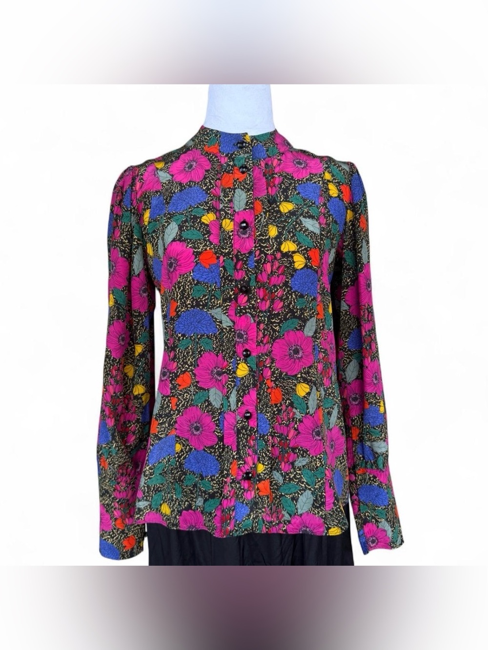 Hunter Bell 100% Silk Designer Maximalist Floral Button Up Blouse